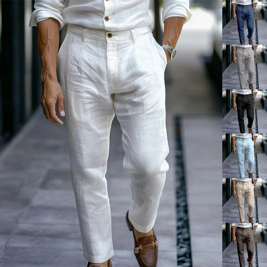 Men's Linen Trousers Solid Color Breathable Casual Pants Outdoor Clothing
