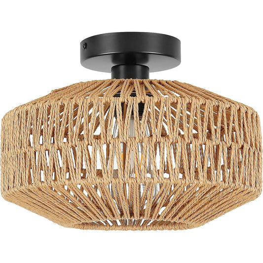 Schindora Boho Rattan Ceiling Light – E27 Rustic Braided Lamp Shade
