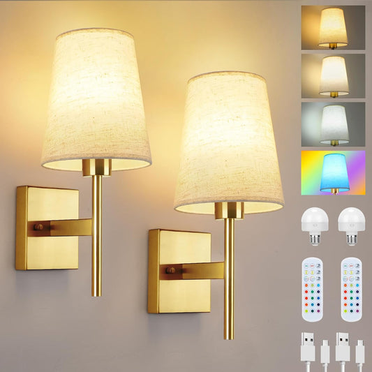 Lightsjoy 2x Rechargeable RGB Wall Lights – Gold Cordless Sconces with Remote
