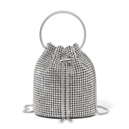 CLS2510 - Women's Rhinestone Evening Bag – Sparkly Handbag with Metal Ring Handle and Chain Crossbody Strap - Silver