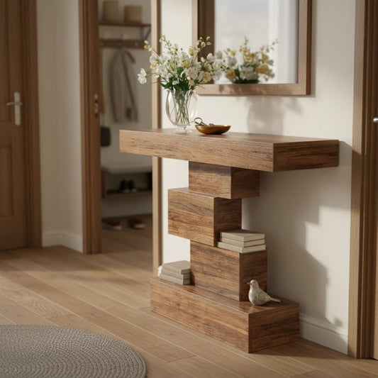 107cm Console Table, Wood Sofa Table Accent Table with Geometric Base | Luxury Home Accessories | Heulog Glow