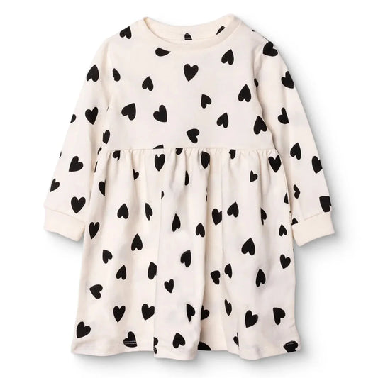 HelloBaby Girls Dress Heart Crew Neck Long Sleeve - Ecru Printed