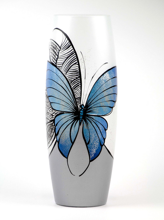 Blue butterfly floor Vase | Large Handpainted Glass Vase for Flowers | Room Decor | Floor Vase 16 inch | 7124/400/sh227