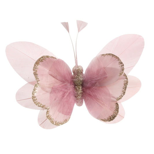 14cm Pink Feather & Glitter Butterfly (Pack of 6)