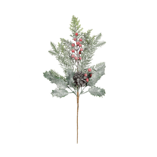 Frosted Foliage Cone & Red Berry Pick (H48cm)