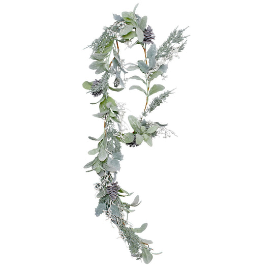 Lambs Ear Holly Pine Cone & White Berry Flocked Garland (180cm)