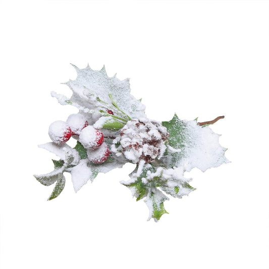 Holly Cone & Red Berry Snowy Pick