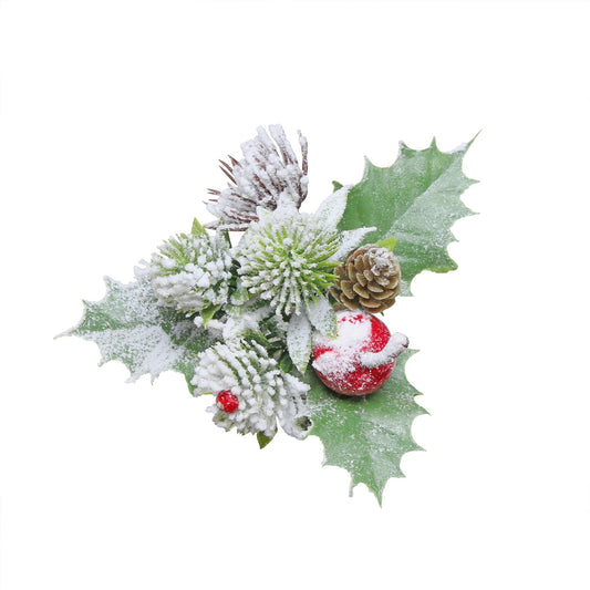Holly Cone & Red Apple Snowy Pick