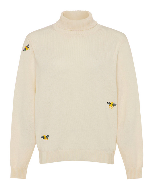 Bee Embroidered Wool & Cashmere Rollneck Cream