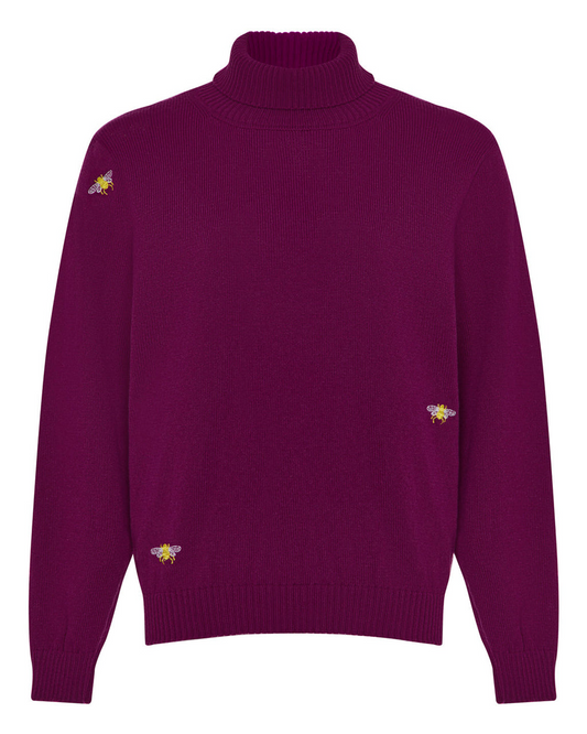 Bee Embroidered Wool & Cashmere Rollneck Purple