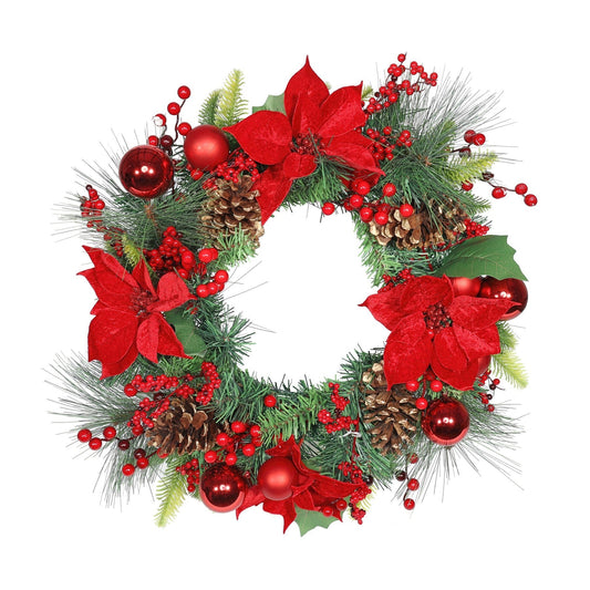 Red Poinsettia & Bauble Wreath (50cm)