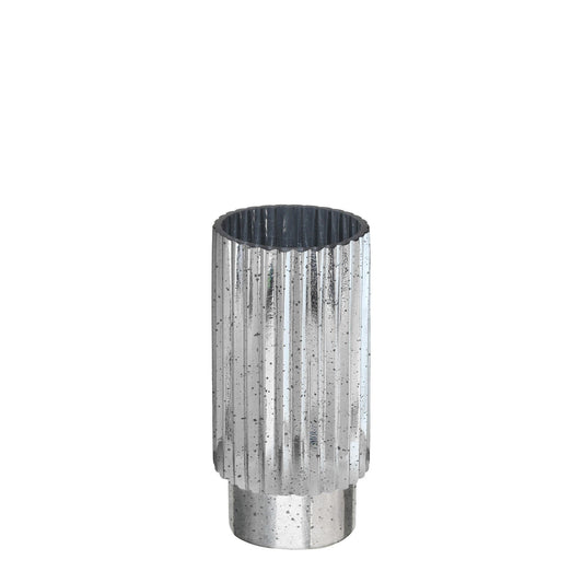 Silver Tonal Ribbed Cylinder Vase (20cm)