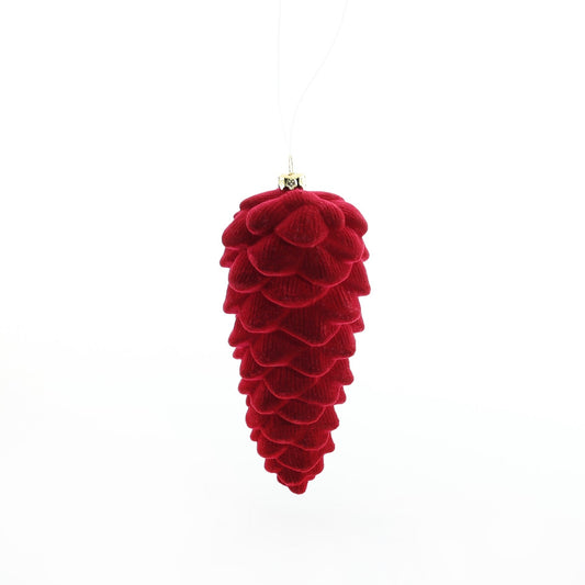 Flocked Closed Pinecone Hanging Decoration - Burgundy (13cm)