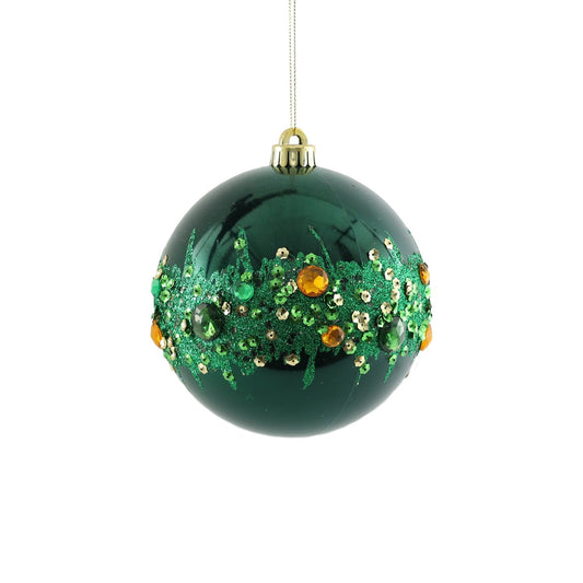 Electroplated Bauble with Glitter & Gems - Green/Gold (15cm)
