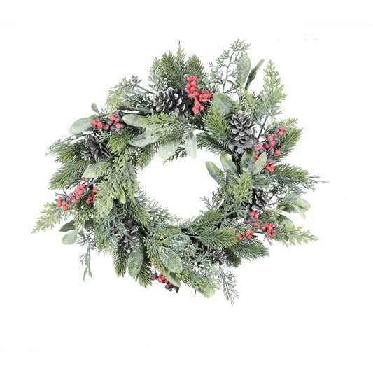 Cone & Red Berry Mixed Foliage Rattan Wreath - 55cm