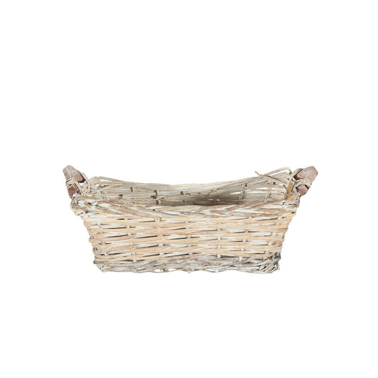 White Wash Rectangle Woven Basket with Handles (Small)