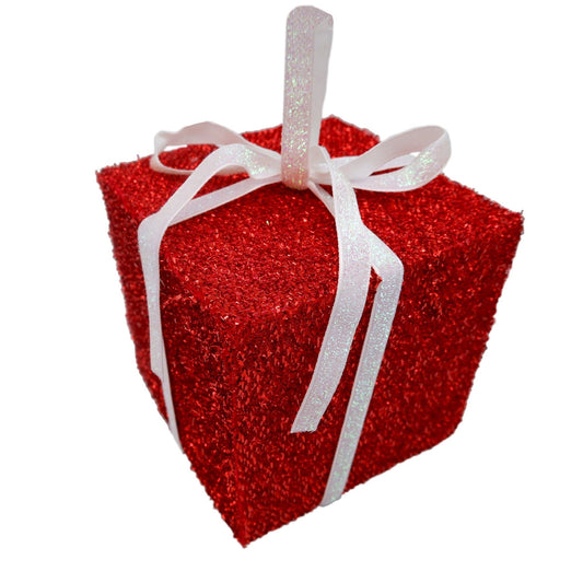 Red Sparkly Present with White Bow Hanging Decoration (20cm)