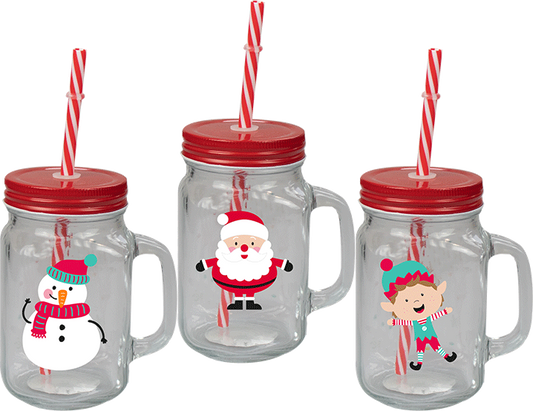 Christmas Mason Jar & Straw (Assorted)