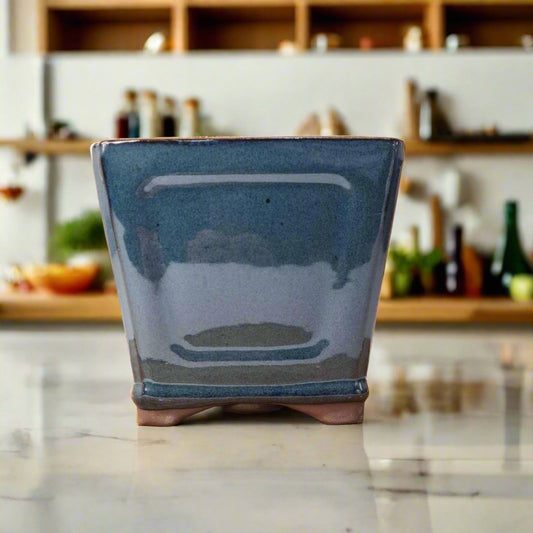 14cm Glazed Cascade Bonsai Pot | Square | 14cm x 14cm x 13cm | Blue | Luxury Home Accessories | Heulog Glow