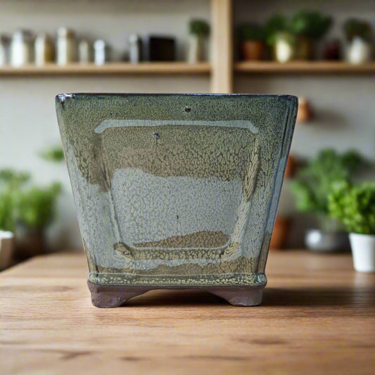 14cm Glazed Cascade Bonsai Pot | Square | 14cm x 14cm x 13cm | Green | Luxury Home Accessories | Heulog Glow
