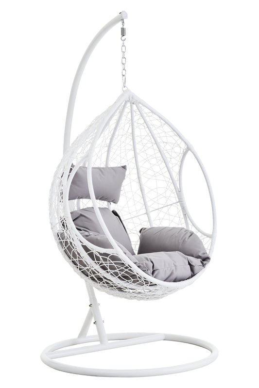 Goa White Rattan Effect Hanging Chair with Grey Cushions