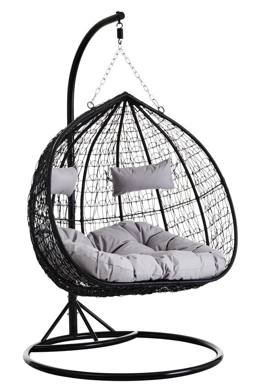 Goa Black Rattan Effect Double Hanging Chair With Grey Cushions