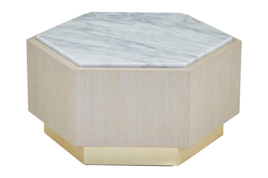 Villi White Marble and Wooden Hexagon Small Side Table