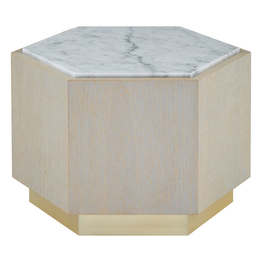 Villi White Marble and Wooden Large Hexagon Side Table