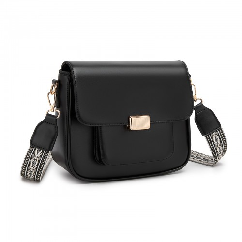 MSM2513 - Miss Lulu Chic Fashion PU Crossbody Shoulder Bag with Detachable Woven Strap for Women - Black