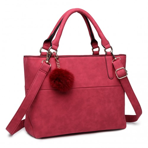 E1768 CT - Miss Lulu PomPom Suede Shoulder Bag Claret