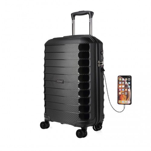 K2093 - Kono Cabin Size Classic Collection Polypropylene Luggage with Charging Interface - Black