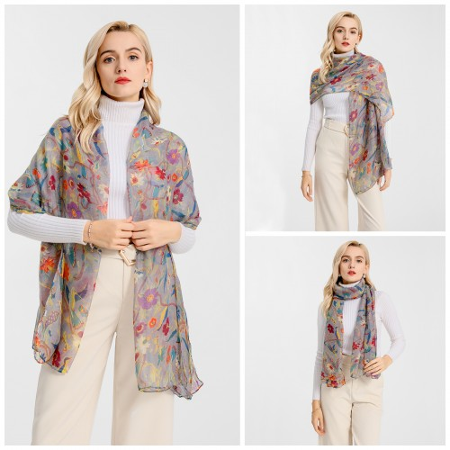 S6431 - Miss Lulu Lightweight Chiffon Tropical Print Scarf - Grey