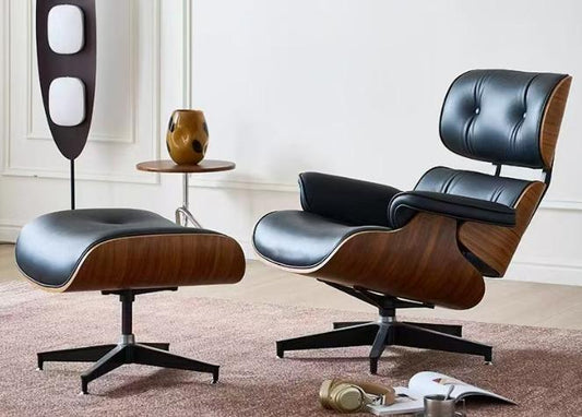 EAMES REPLICA BLACK LEATHER CHAIR & STOOL