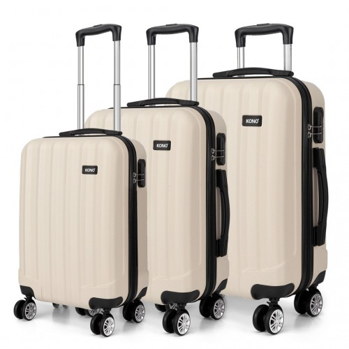 K1773L - Kono Vertical Stripe Hard Shell Suitcase 19/24/28 Inch 3 Piece Luggage Set - Beige