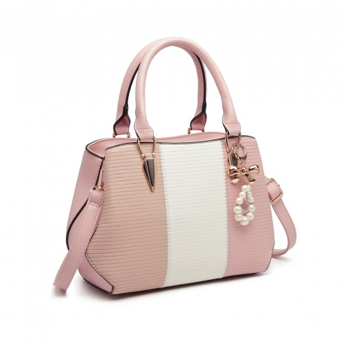 LG6866 - Miss Lulu Leather Look Colour Block Bow Pendant Handbag - Pink
