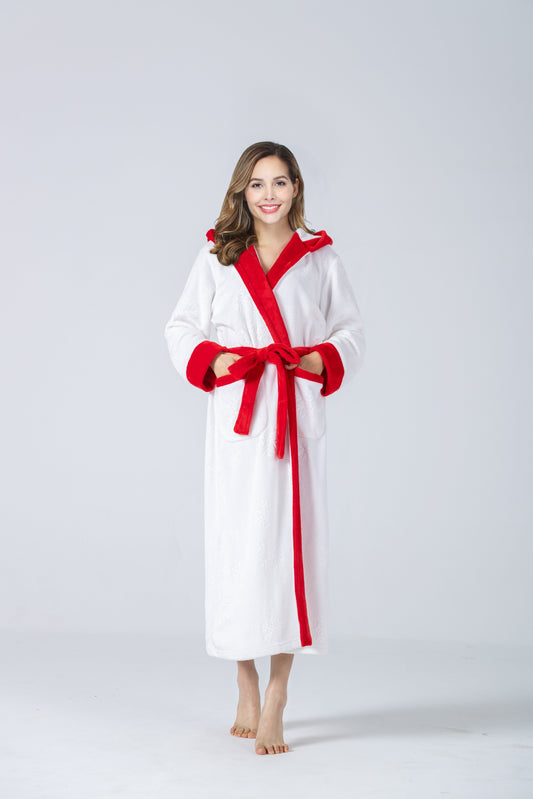 RONGTAI Womens Plush Fleece Hooded Bathrobe, Thick Nightgown Long Robe Sleepwear With Two Side Pockets And Belt