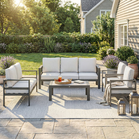 Outsunny 5 Pieces Aluminium Garden Furniture Set with Olefin Cushions, Extra Deep Outdoor Garden Sofa Set, Dark Grey