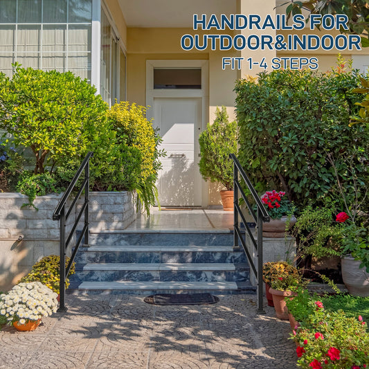 Handrails for Outdoor Steps, Wrought Iron Handrail Fits 1 to 4 Steps, Transitional Handrail with Installation Kit, Black