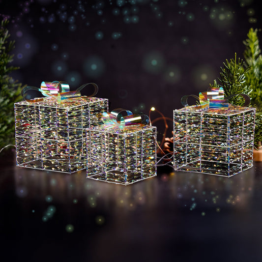 Lighted Iridescent Gift Boxes Set of 3, Pre-lit Nestable Present Boxes Ornament with 140 LED White Lights and Stakes for Christmas Outdoor Indoor Decor Lighted Holiday Displays