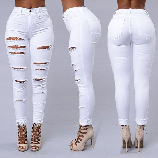 Women's High Waist Ripped Jeans - Distressed Skinny Denim Trousers | Casual Stretch Pencil Pants