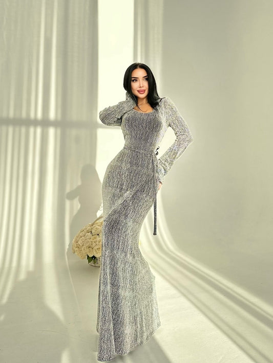 Round Neck Hot Diamond Maxi Dress - Sparkle Embellished Evening Gown for Women