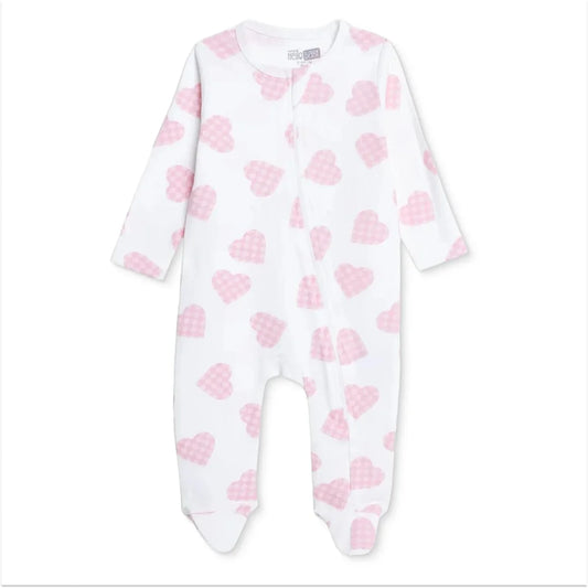HelloBaby Girls Footed Sleepsuit Heart Print Zip Fastening Crew Neck Full Length Long Sleeve - Ecru Printed