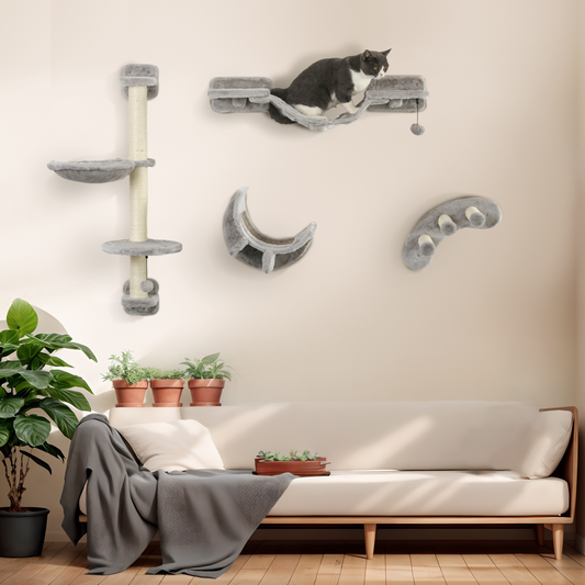 PawHut 4PCs Cat Wall Furniture with Hammock, Ladder, Platforms, Steps, Grey