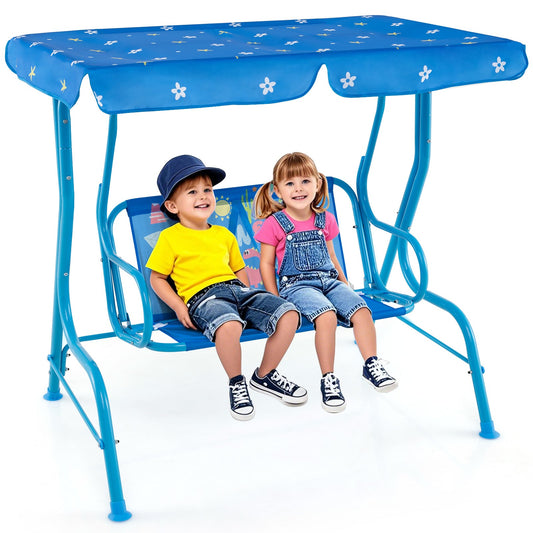 2-Seater Kids Patio Swing Chair with Adjustable Canopy and Safety Belt-Blue