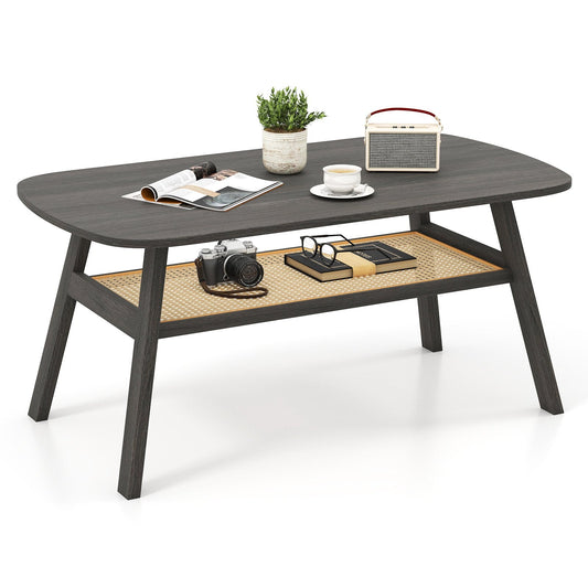 2-Tier Coffee Table with Rattan Storage Shelf and Rubber Wood Legs-Black