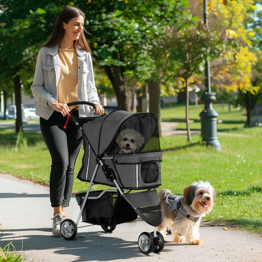 PawHut Pet Stroller Pushchair Carrier for Cat Puppy with 3 Wheels Dark Grey