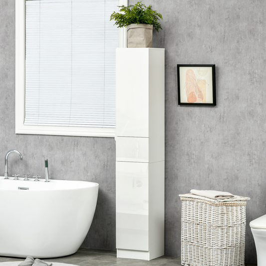 kleankin High Gloss Tall Bathroom Cabinet with Adjustable Shelves White