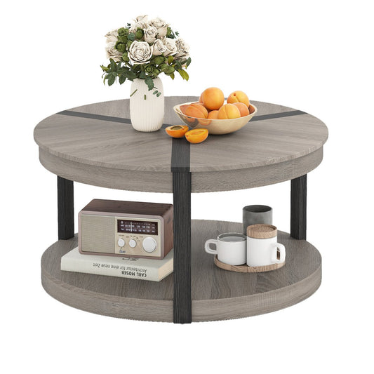 2-Tier Round Coffee Table with Storage Shelf-Oak