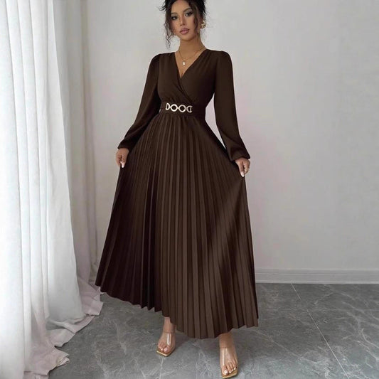 Women's Solid-color Casual Chic V-neck Dress