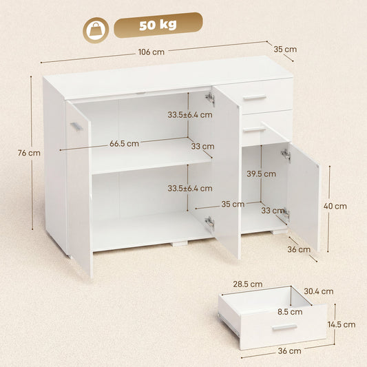 HOMCOM Sideboard, Modern Storage Cabinet with 2 Drawers, 3 Doors and Adjustable Shelves, High Gloss White